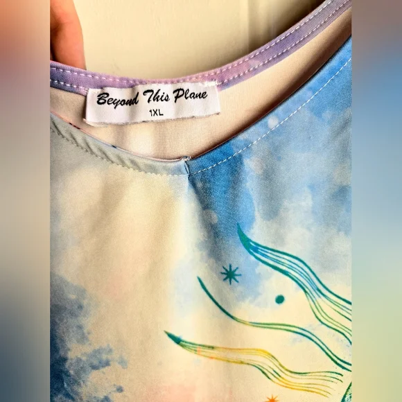 "Beyond This Plane" Colorful Celestial Sun Top, Plus Size 1XL, Asymmetrical Hem - Picture 2 of 7
